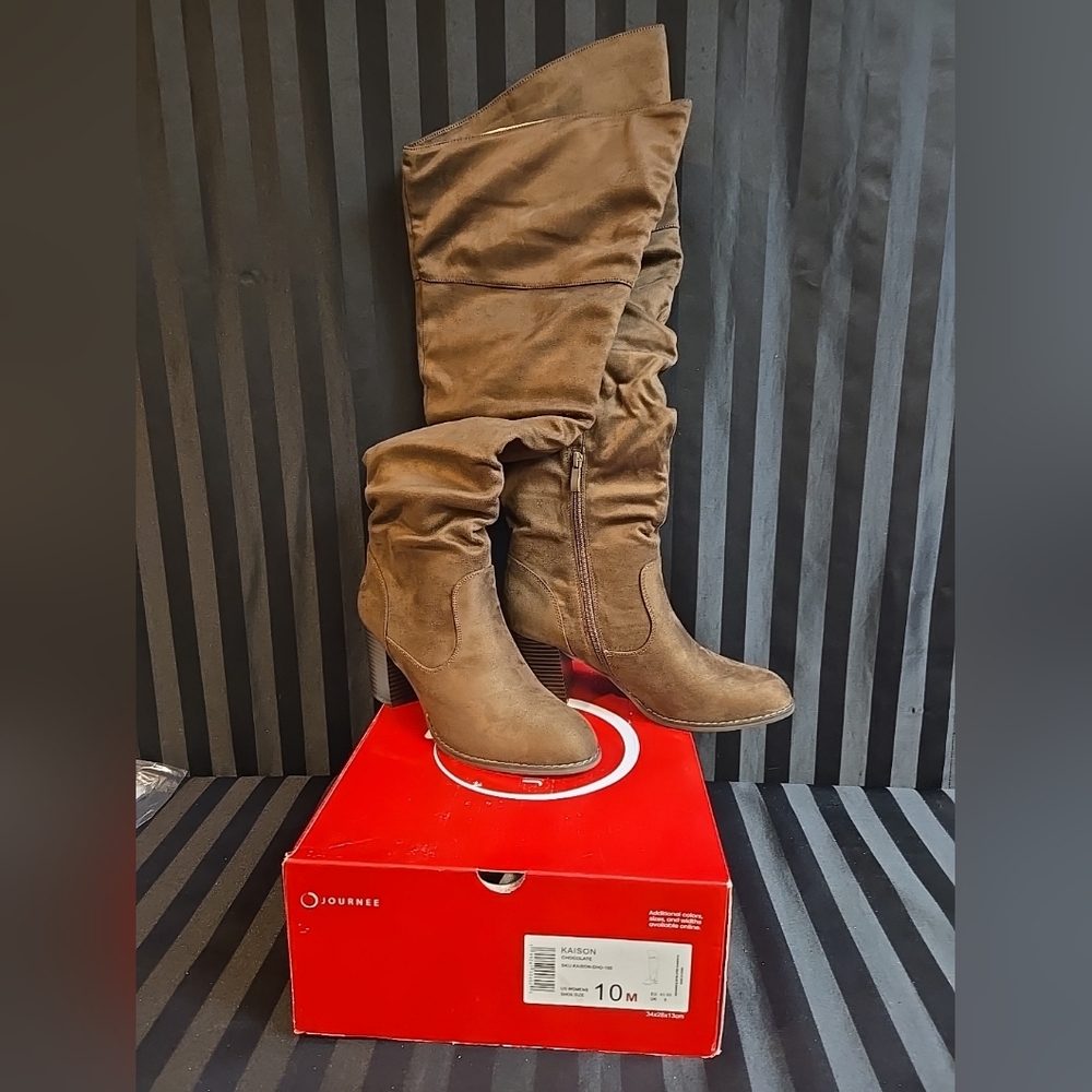 Journee Collection Women US 7 Or 10 Kaison Thigh High Boots Faux Suede Chocolate - Picture 3 of 16